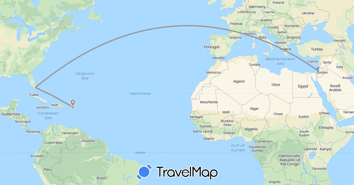 TravelMap itinerary: driving, bus, plane, cycling, train, boat, hitchhiking in Israel, Jordan, Palestinian Territories, United States (Asia, North America)